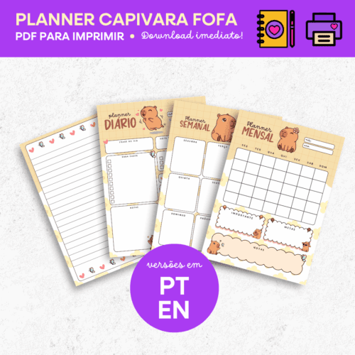 Planner Capivara fofa PDF para imprimir ou digital
