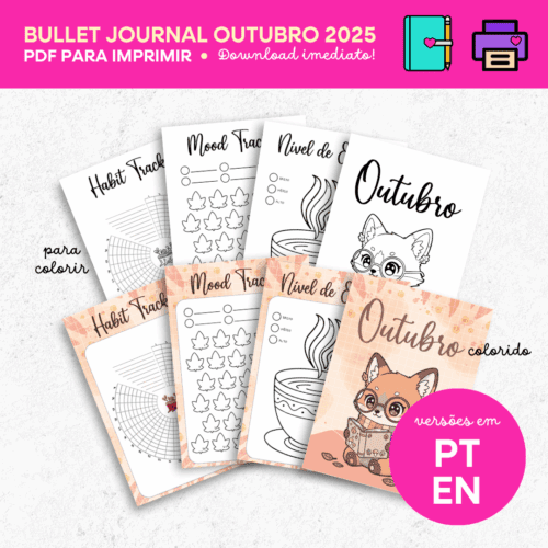 Bullet Journal Outubro 2025 – Planner Outono para Imprimir (PDF) | Versões Colorida e P&B | Português e Inglês