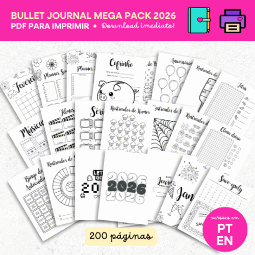Bullet Journal Mega Pack 2026 – Planner 2026 para Imprimir (PDF) e Digital | Português e Inglês